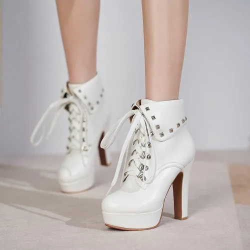 Vista 7 de XIEDA Botines de tacón alto con remaches y plataforma gruesa para mujer