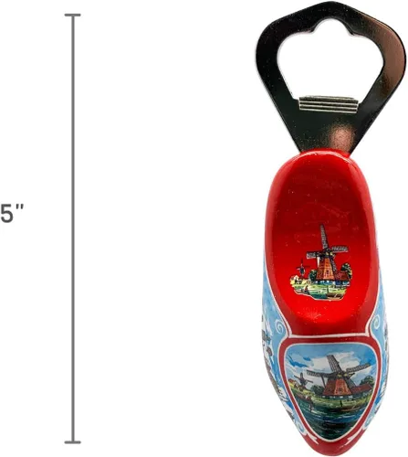 Vista 2 de Zapato de madera rojo holandés con imán de nevera de metal único de 5 pulgadas DutchGiftOutlet