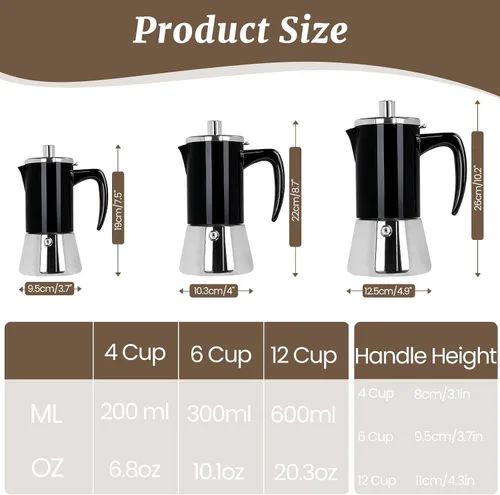 Vista 2 de 4 tazas espesado Moka Pot 304 Acero Inoxidable 6.8 fl oz Cafetera italiana de café expreso, cafetera, cafetera de moca para estufa de inducción