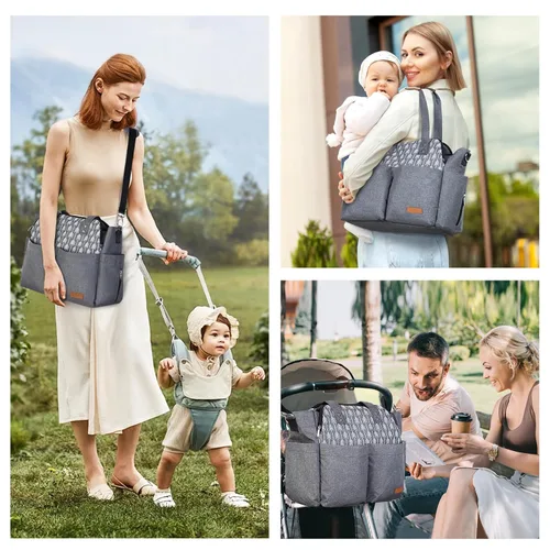 Vista 6 de Lekebaby Bolsa de pañales, 17 bolsillos, bolsa de pañales de viaje grande impermeable con cambiador portátil, bolsa de hospital cruzada para mamá