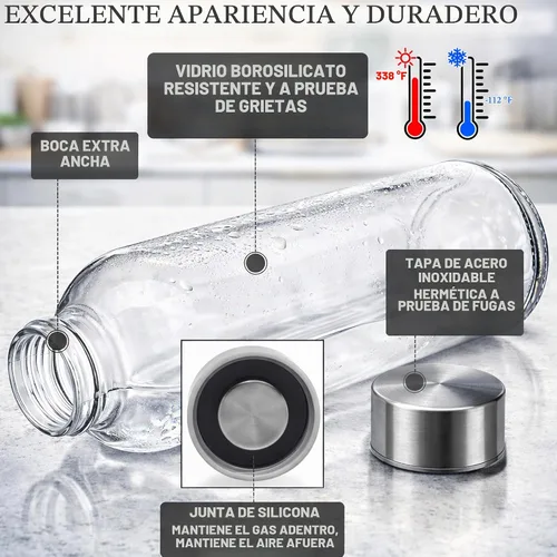 Vista 5 de Brieftons Botellas de agua de vidrio de borosilicato de 18 onzas, paquete de 6, aptas para lavavajillas, tapas de acero inoxidable a prueba