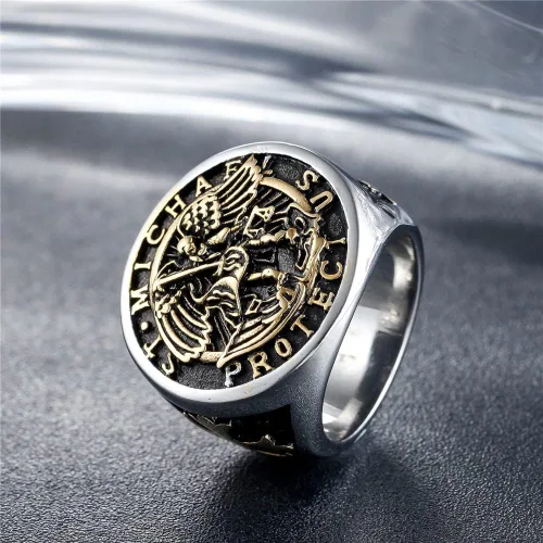 Vista 3 de Anillo de acero inoxidable para hombre, arcángel católico, San Miguel, talla 7-15