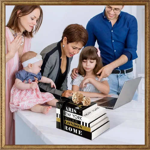 Vista 6 de Geetery 5 piezas de libros de madera para decoración del hogar con 2 bolas de ratán, libro de ciudad moderno y falso para sala de estar, granja