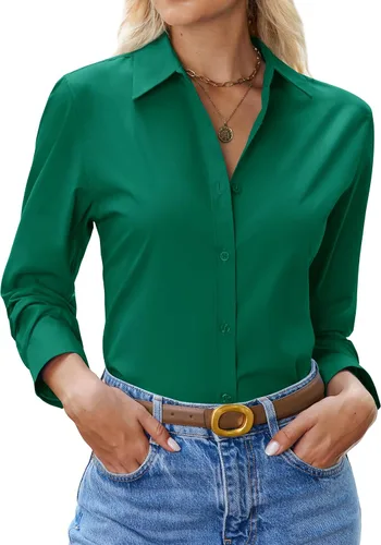 Vista 16 de siliteelon Camisa con botones para mujer: camisa de vestir con cuello de manga larga de algodón con botones, blusa de trabajo y oficina