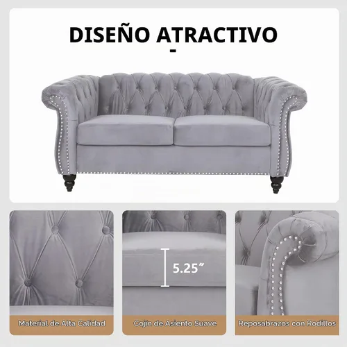 Vista 4 de QHITTY Sofá de Acento, Sofá Biplaza Chesterfield Moderno de Terciopelo, Sofá Tapizado con Respaldo Capitoné para Muebles de Sala de Estar (Gris)