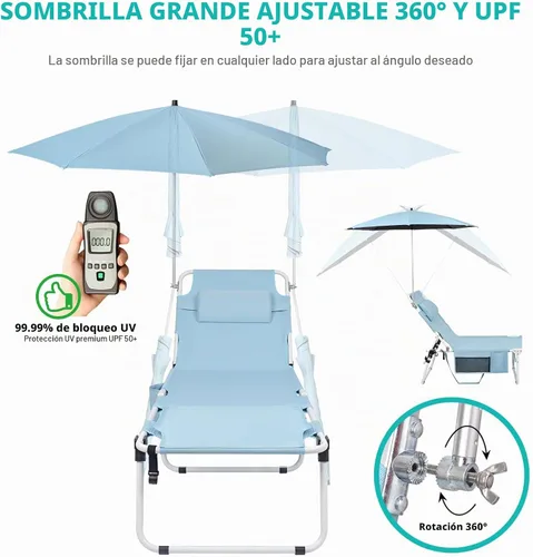 Vista 5 de Silla de bronceado con paraguas UPF 50+ ajustable, tumbona plegable resistente para exteriores, reclinable, 5 posiciones, para tomar el sol, tomar