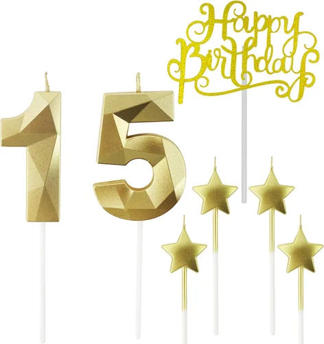 Vista 42 de Velas de cumpleaños doradas con número 20 y velas de estrella de cumpleaños de 7 cm Velas para pastel de cumpleaños en forma de diamante 3D son
