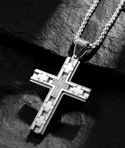 Vista 2 de MADURIAO Cross Necklace Stainless Steel Religious Cross Pendant Jewelry for Men Women Chain Silver Gold Black Bule Available