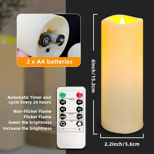 Vista 2 de Velas LED sin llama, paquete de 1, vela impermeable para exteriores con control remoto y temporizador, velas falsas de pilar parpadeantes