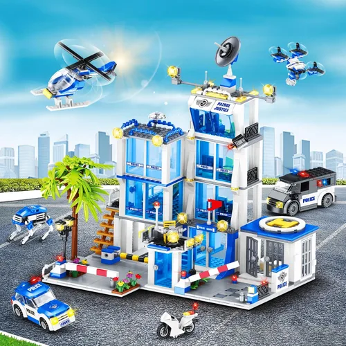 Vista 3 de Juego de construcción de la estación de policía de la ciudad, 1045 piezas de bloques de construcción de la sede de policía con coche de policía