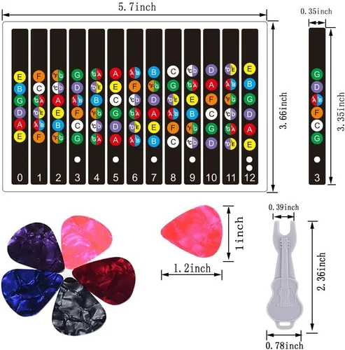 Vista 7 de Adhesivos para diapasón de guitarra Kimlong, calcomanías con código de colores para principiantes con mapa de trastes para práctica, para guitarras
