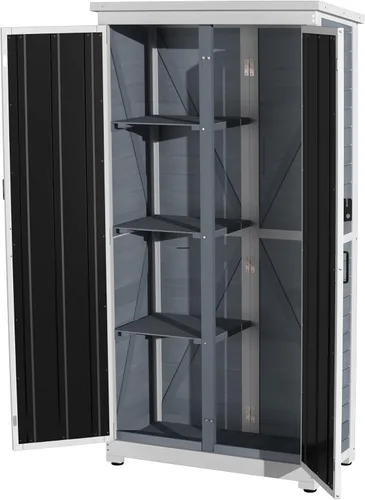 Vista 8 de GDLF Armario de almacenamiento para exteriores de madera y metal, cobertizo de jardín con techo impermeable y puertas resistentes con cerradura