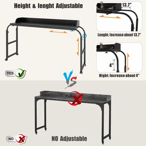 Vista 7 de HWB Mesa sobre cama con luces LED de sensor automático, mesa sobre cama con ruedas de altura ajustable con estación de carga, mesa auxiliar, mesa