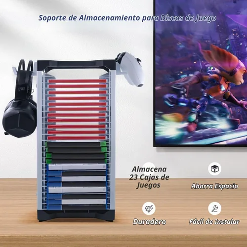Vista 2 de Mcbazel Torre de soporte de almacenamiento de videojuegos para PS5/PS4/NS Switch/Switch2/Xbox, almacenamiento de disco de videojuegos y controlador