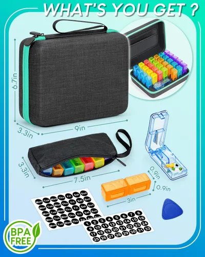 Vista 5 de Organizador de pastillas mensual 2 veces al día, con funda dura portátil, cortador de pastillas, caja de 31 días, palillo de apertura de plástico