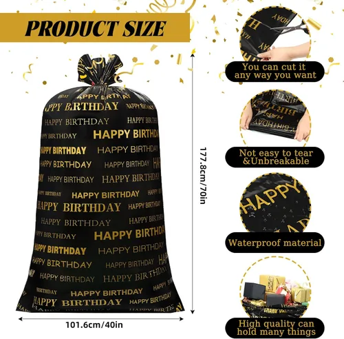 Vista 2 de Leinuosen 2 bolsas de regalo grandes de 70 pulgadas, color negro y dorado, bolsas de regalo de plástico de gran tamaño con cuerdas para fiestas