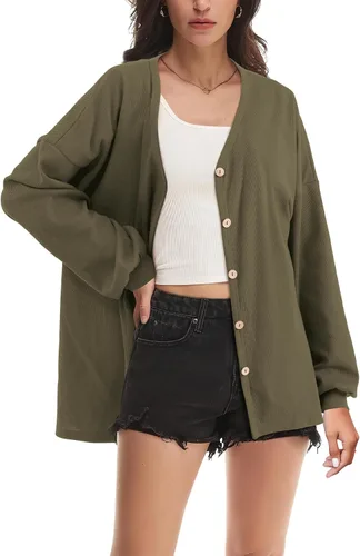 Vista 2 de Beluring Women's Shirts V Neck Long Sleeve Waffle Knit Button Up Tunic Tops Blouse verde militar (s-army green)