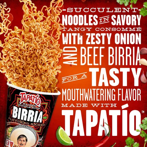 Vista 4 de Tapatío - Sopa de fideos Ramen, sabor a Birria, vaso apto para microondas, 2.29 onzas (2.29 oz), paquete de 6