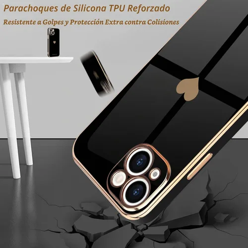 Vista 5 de Teageo - Funda para iPhone 14 Plus para mujeres y niñas, diseño de corazón de amor, color negro Luxury Plating Soft Bling Back Cover Raised Full