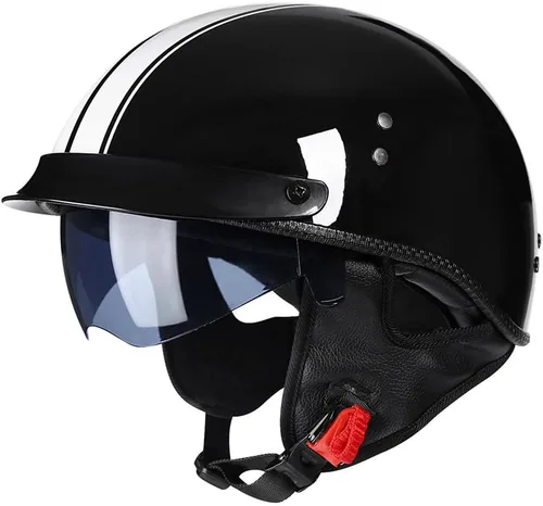 Vista 8 de Casco retro de motocicleta para adultos, hombres y mujeres, aprobado por DOT, estilo alemán, cascos de media cara con gafas desplegables, visera