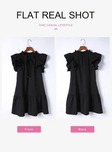 Vista 3 de Dokotoo Vestido corto de verano para mujer con cuello en V, cordón y volantes, manga corta, bolsillos laterales, mini vestido de verano