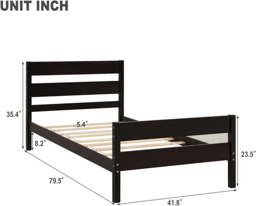 Vista 2 de Base de cama de plataforma de madera de tamaño individual con cabecera y estribo de estilo moderno, marco de cama de madera con patas de soporte