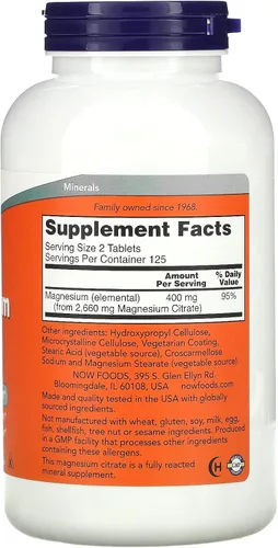 Vista 3 de NOW Foods - Citrato de Magnesio 200 mg 250 pestañas (Paquete de 2)