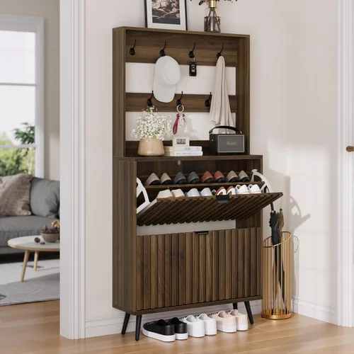 Vista 13 de Smuxee Armario de zapatos con 2 cajones abatibles, gabinete de almacenamiento de zapatos oculto natural de 23.6 pulgadas con diseño estriado