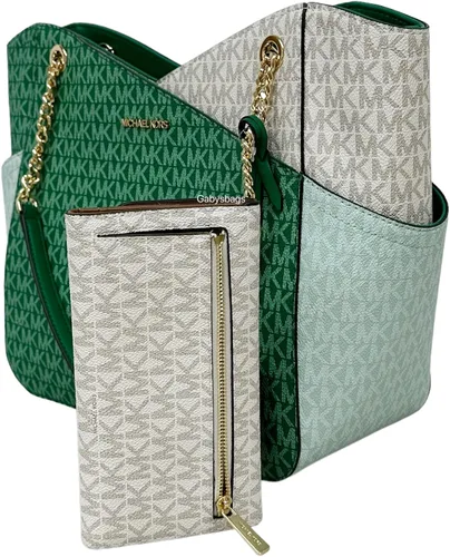 Vista 3 de Michael Kors Jet Set - Cartera triple con cadena grande color verde palmetto con bloques de color verde, Verde
