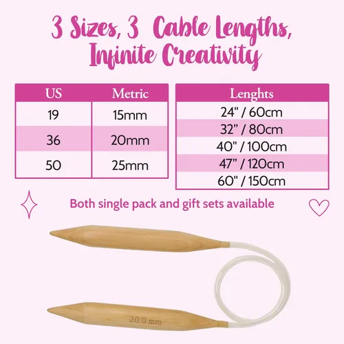 Vista 3 de KnitPal - Agujas de tejer circulares de 32 pulgadas (80 cm) de madera de roble gruesa con cable, tamaño 19 - Agujas de tejer grandes para hilo