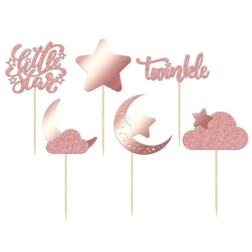Vista 3 de Gyufise 24 piezas de decoración de cupcakes con purpurina de luna, nube, decoración de tartas de estrellas parpadeantes, baby shower, niños, Oro
