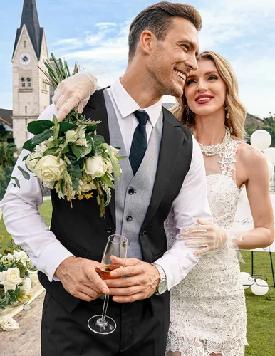 Vista 6 de COOFANDY Chaleco de traje en capas para hombre, chalecos de vestir formales, chaleco de boda ajustado