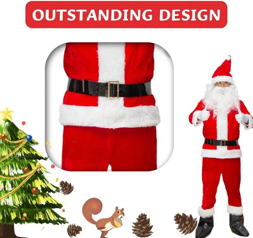 Vista 3 de Disfraz de Papá Noel para hombre, disfraz de Papá Noel rojo, 10 unidades, incluye sombrero, abrigo, pelucaguantes, pantalones, botas, cuerda