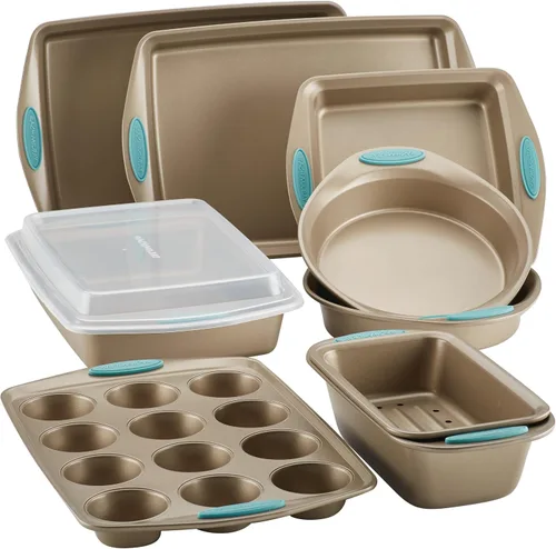 Vista 8 de Rachael Ray Cucina - Juego de utensilios para hornear incluye bandeja antiadherente para hornear galletas y molde para magdalenas, 4 piezas, marrón