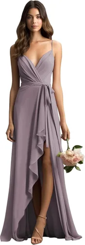 Vista 5 de Zardtina Vestido de dama de honor de gasa con volantes para mujer, vestido formal con cuello en V, vestido de fiesta de noche con cinturón ZA904