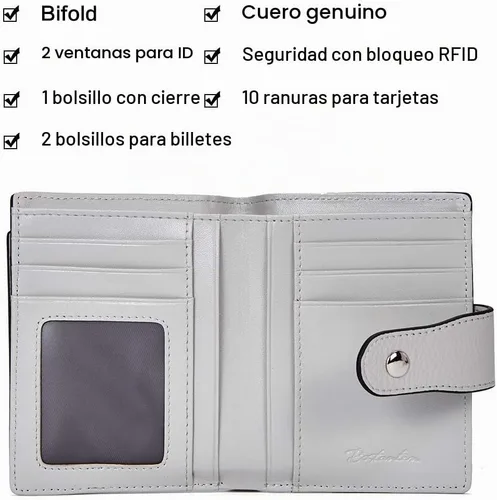 Vista 5 de BOSTANTEN Cartera de piel para mujer, con bloqueo RFID, pequeña, plegable, con bolsillo con cremallera, tarjetero, con ventana de identificación