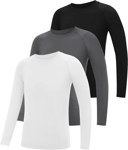 Vista 13 de Camiseta de compresión de manga larga para niños, paquete de 3 camisetas deportivas de béisbol para niños, capa base de secado rápido para fútbol
