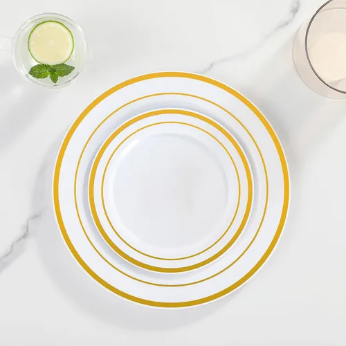 Vista 5 de AOZITA Juego de 200 piezas de platos de plástico dorados, platos desechables resistentes para fiesta y boda, incluye 100 platos de cena y 100 platos