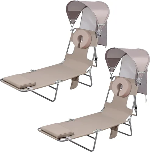 Vista 9 de Silla de bronceado de playa con mochila y toldo con protección solar y orificio para la cara, silla de sol plegable de 6 posiciones para adultos