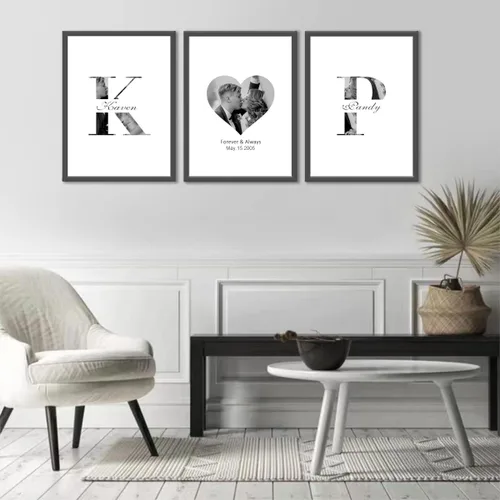 Vista 4 de Woodkap Impresiones en lienzo personalizadas con fotos de pareja y nombre Personalized Sign Initials Name and Special Date Posters, Set Of 3
