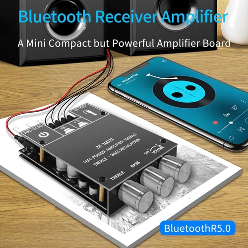Vista 7 de ZK-1002T Placa de amplificador Bluetooth de 100 W+100 W con control de agudos y graves, placa de amplificador de audio estéreo mini de 2.0 canales