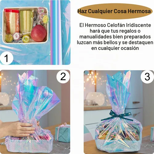 Vista 3 de SYOGUA Rollo de celofán iridiscente de 34 pulgadas x 50 pies, rollo de celofán iridiscente extra ancho para cestas de regalo, manualidades, dulces