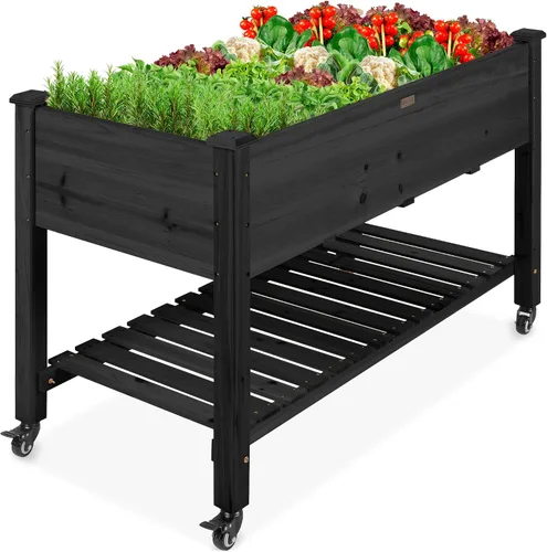 Vista 9 de Best Choice Products Cama de jardín elevada de 48 x 24 x 32 pulgadas, maceta móvil de madera elevada con ruedas bloqueables, estante
