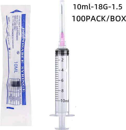 Vista 2 de Paquete de 100 jeringas de plástico de 10 ml con aguja desechable de 18Ga, envueltas individualmente