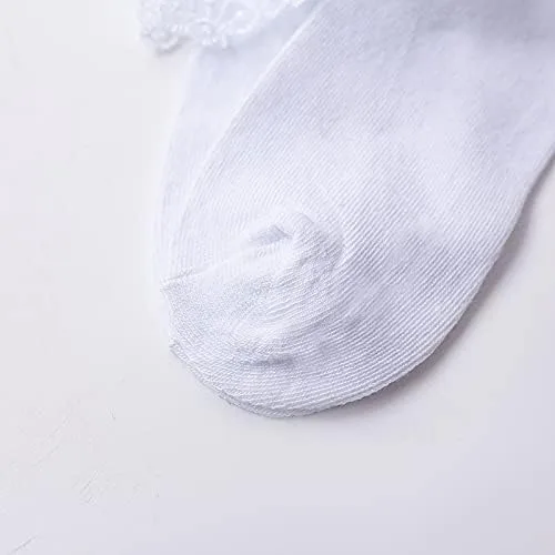 Vista 6 de 2 pares de calcetines de primera comunión con perlas de lazo blanco con volantes para bautizo, calcetines de bautismo con capas de encaje para bebé