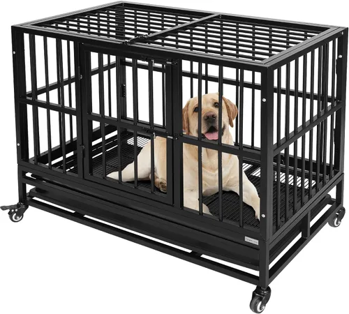 Vista 12 de Jaula indestructible para perros de 37 pulgadas con panel divisor extraíble, jaula resistente para mascotas para dos perros con ruedas de bandeja
