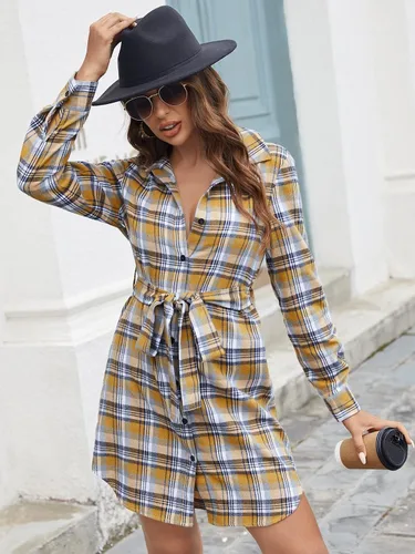 Vista 4 de WDIRARA Vestido camisero de manga larga con botones y estampado a cuadros para mujer