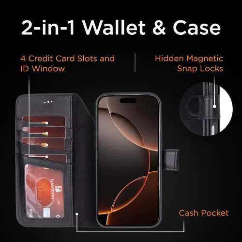 Vista 88 de Bayelon Funda tipo cartera para iPhone 15 Pro, cartera de cuero de grano completo, funda magnética desmontable, tarjetero, funda tipo cartera