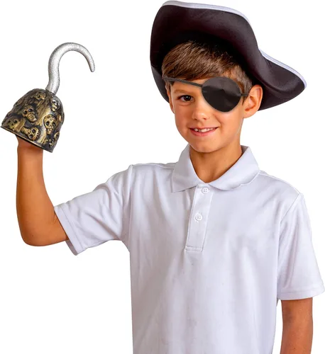 Vista 2 de Skeleteen Gancho de oro del capitán pirata, accesorios de disfraz de piratas de juguete, manga de plástico, accesorio de vestir para adultos y niños