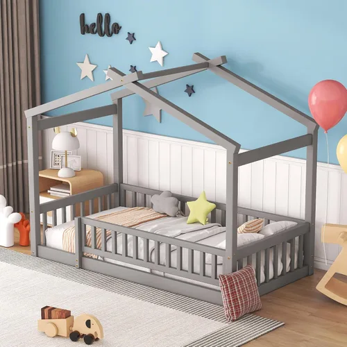 Vista 3 de MERITLINE Cama individual Montessori para niños, marco de cama individual Montessori con rieles y techo, no necesita somier, para niños, Gris